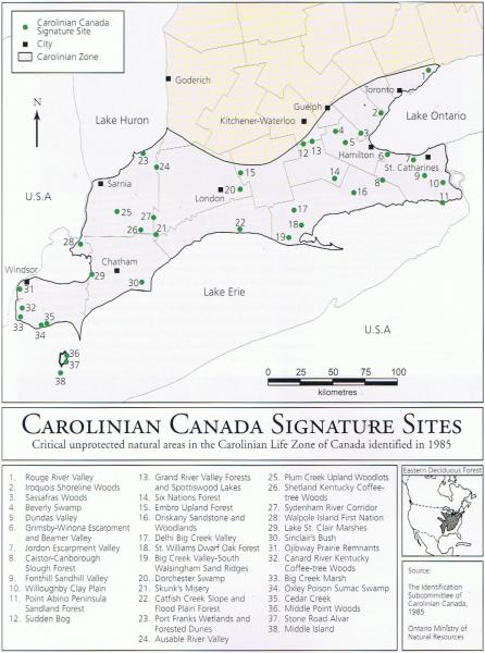 Map: Carolinian Canada Signature Sites.  Follow the link to a text list of the sites.