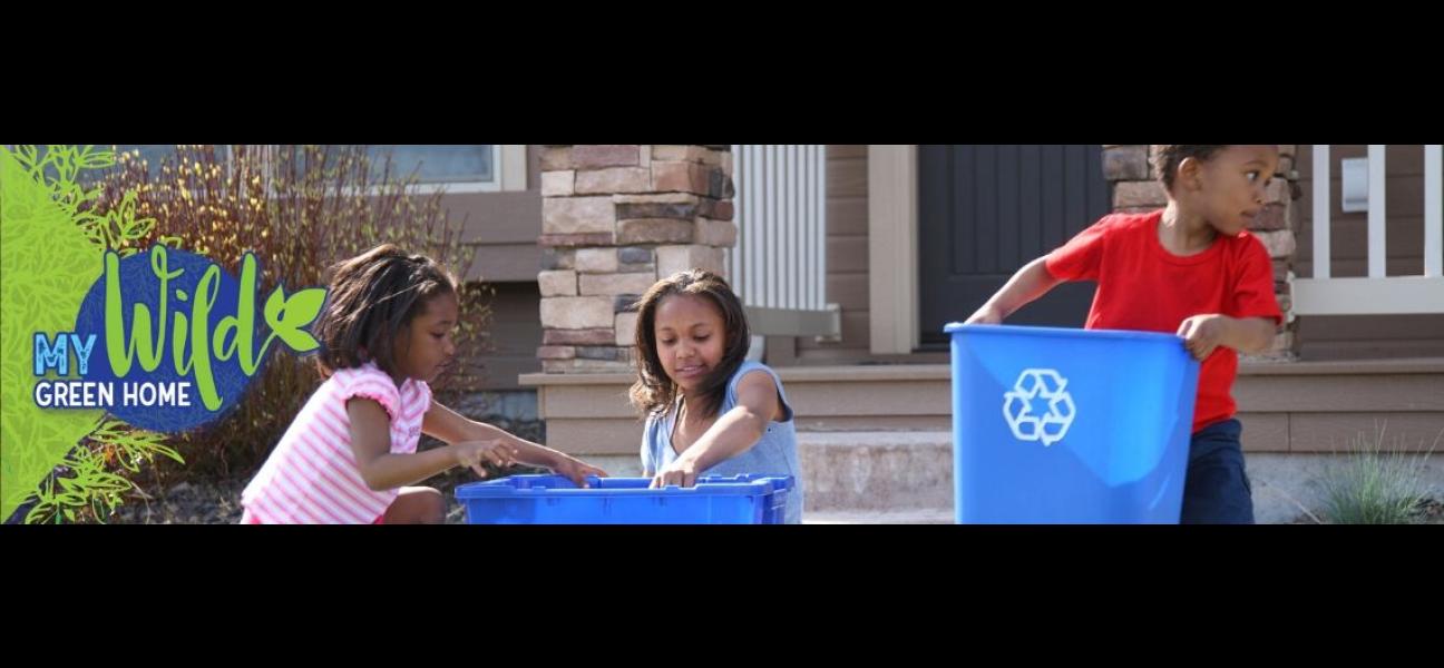 Three children are holding recycle bins and sorting their recyclable materials, outside of their house.